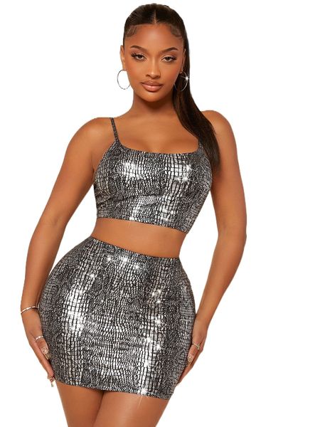 

sxy metallic crop cami & bodycon skirt set y0ro#, White