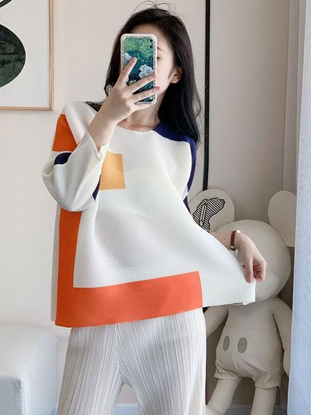 

women's t-shirt women pleated geometric color block print o-neck long sleeve loose pullover casual style 2022 summer 15wx246women', White