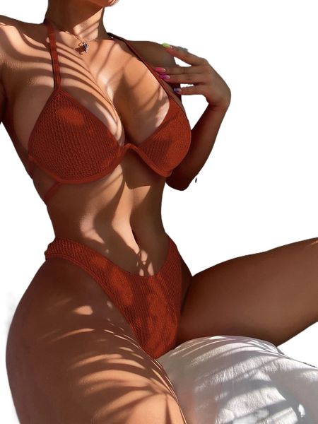 

textured underwire halter bikini swimsuit x7pe#, White;black