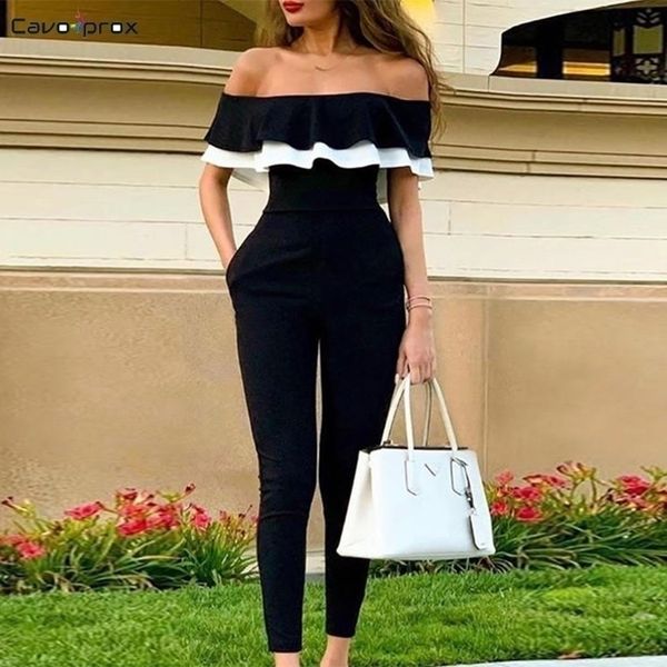 

women off shoulder colorblock ruffles bodycon jumpsuit skinny streetwear fashion trends slim fit black jumpsuits y200106, Black;white