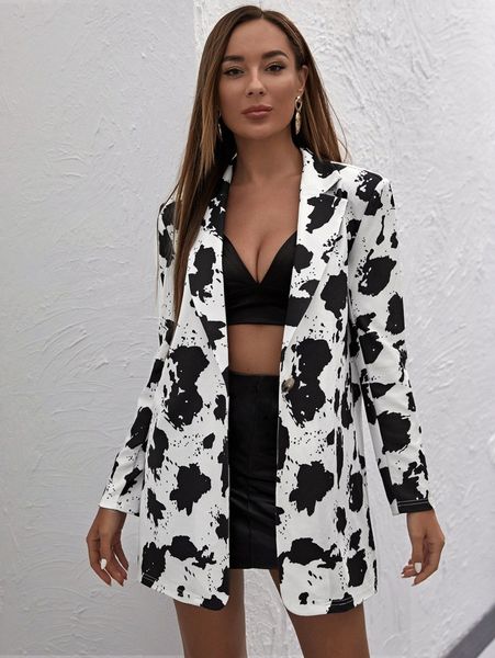 

cow print notch collar single button up blazer c8kk#, White