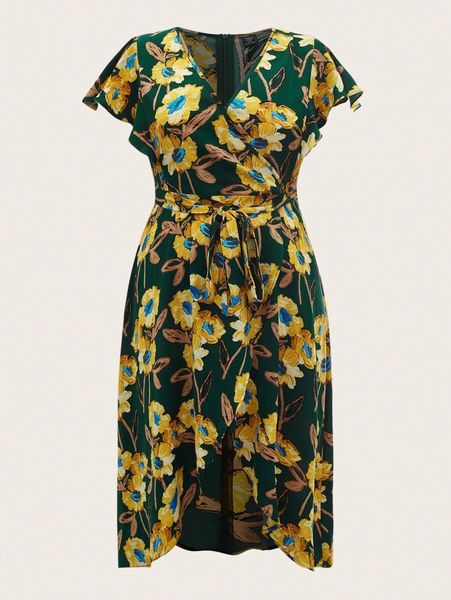 

plus floral print asymmetric hem dress b8jb#, Black