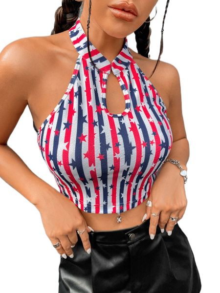 

geo & striped print cut out backless halter 927p#, White