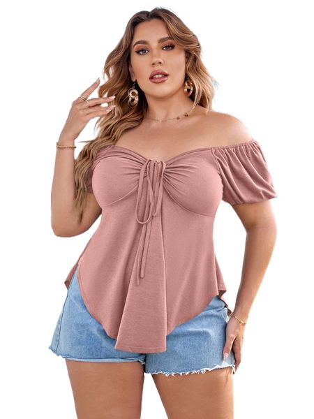 

plus off shoulder tie front curved hem tee w6mm#, Black