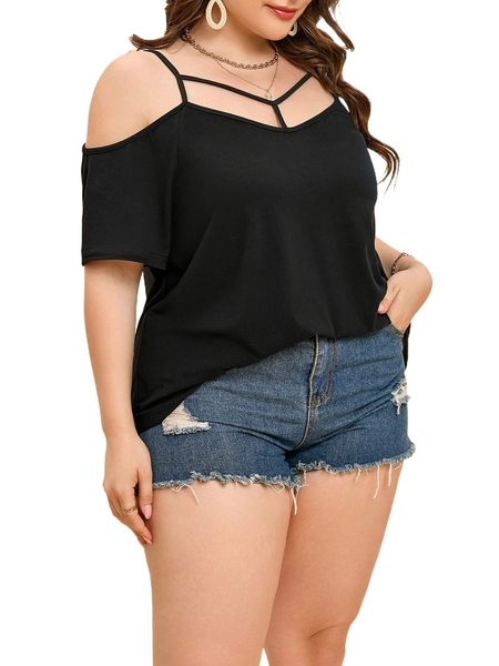 

plus solid cold shoulder tee i1jn#, Black
