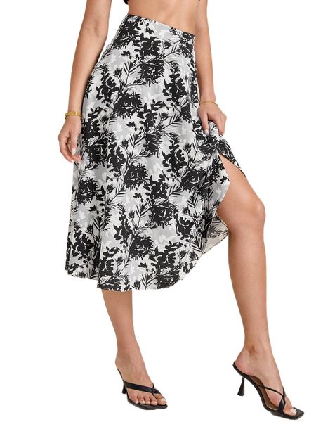 

allover plants high waist skirt k0tf#, Black