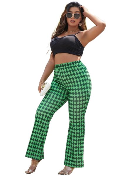 

plus checkerboard print flare leg pants m6g0#, Black