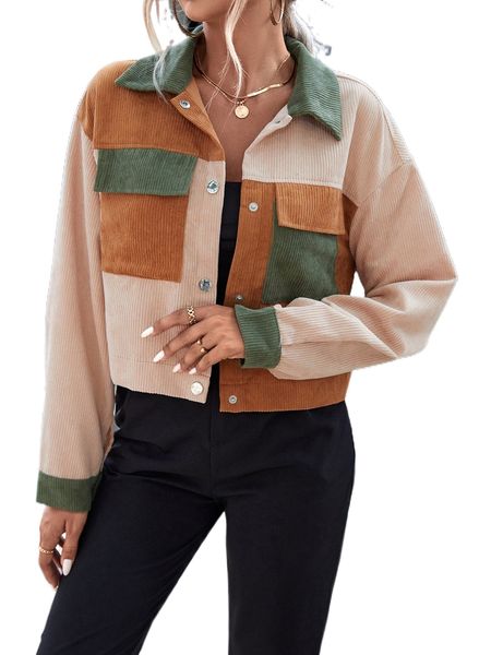 

colorblock drop shoulder flap pocket jacket p6d9#, Black;brown