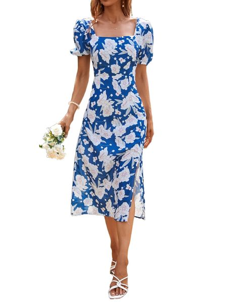 

allover floral print lace up split thigh dress l38u#, Black;gray