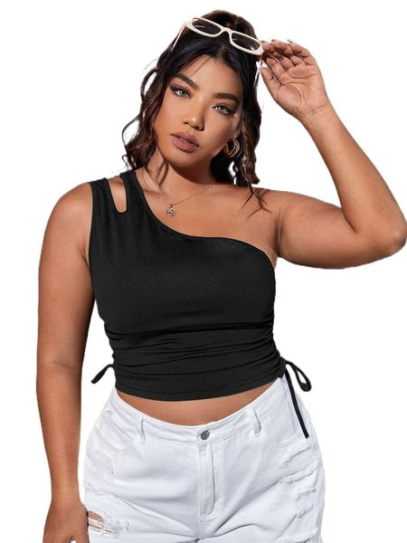 

plus cut out one shoulder ruched knot side crop c0no#, Black