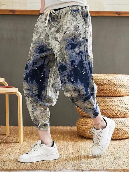 

men random tie dye leaf print drawstring waist pants h9se#, Black
