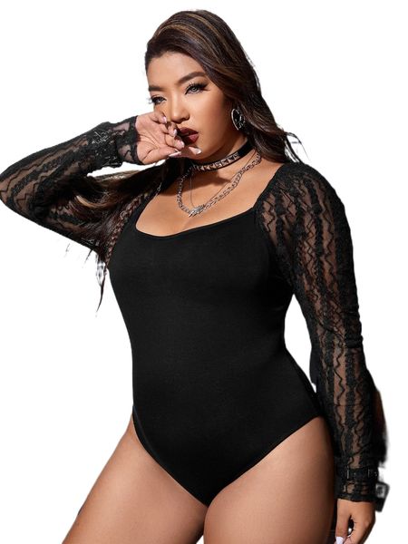

plus contrast lace scoop neck raglan sleeve bodysuit j95x#, Black