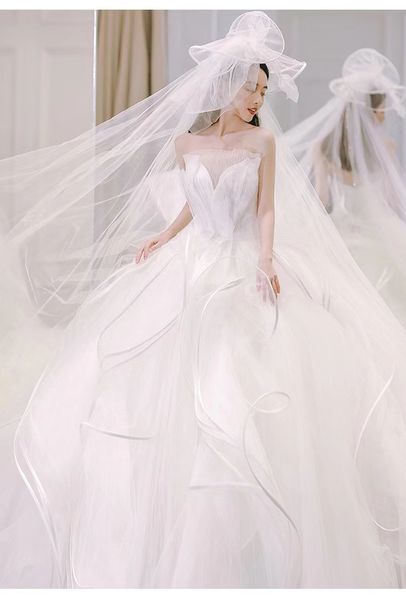 

new arrival ball gown wedding dresses strapless ruffles wave hidden zipper bridal gowns a line dresss with sweep train, White