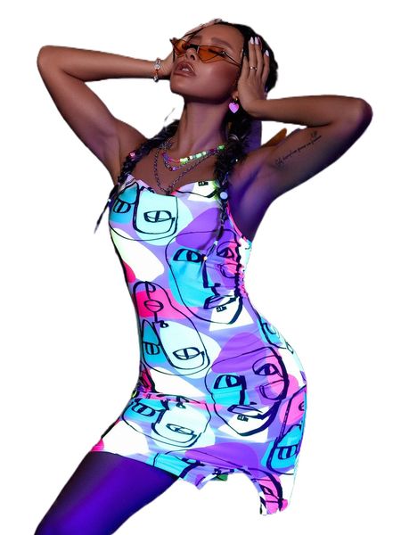 

reflective figure graphic bodycon dress j9ke#, Black;gray