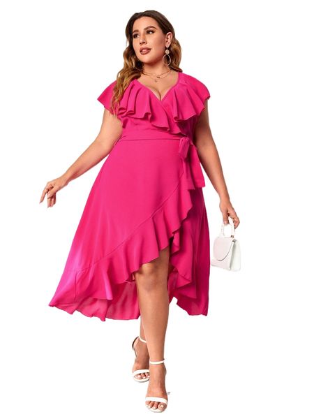 

plus ruffle trim overlap collar wrap hem belted dress 96j5#, Black