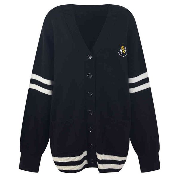 

women's knits tees autumn winter cartoon v-neck medium and long sweater cardigan women's loose sleeved stripe tide mri2, White