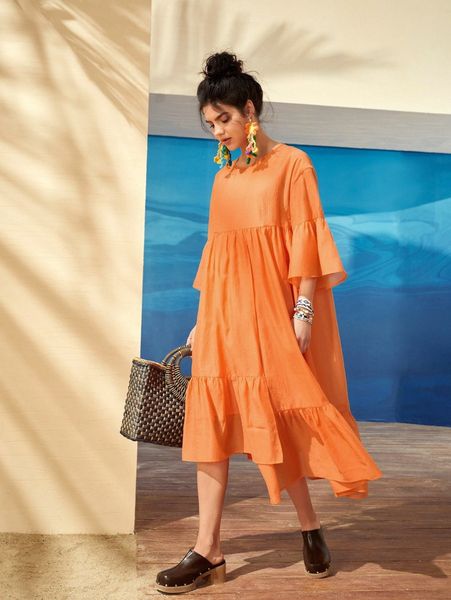 

solid ruffle hem irregular hem dress s0pp#, Black;gray