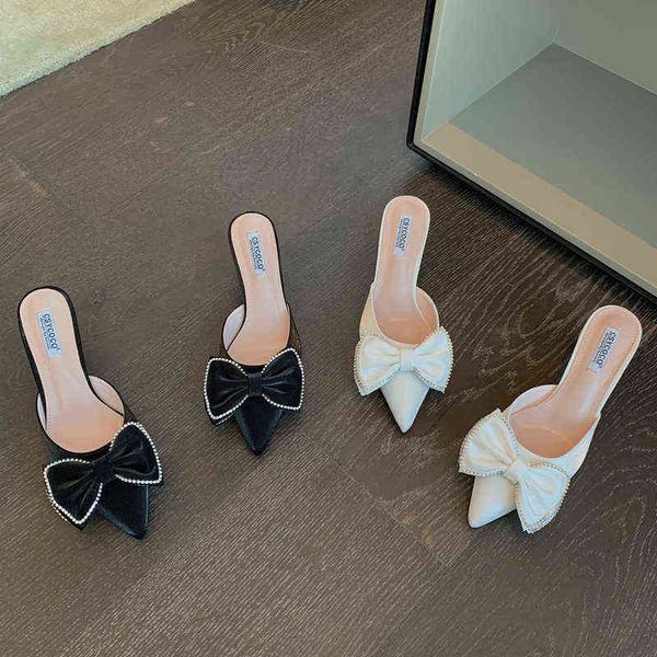 

slippers fashion women pointed toe bow design rhinestone chain shallow slip on thin mid heels dress shoes woman casual slides 220328, Black