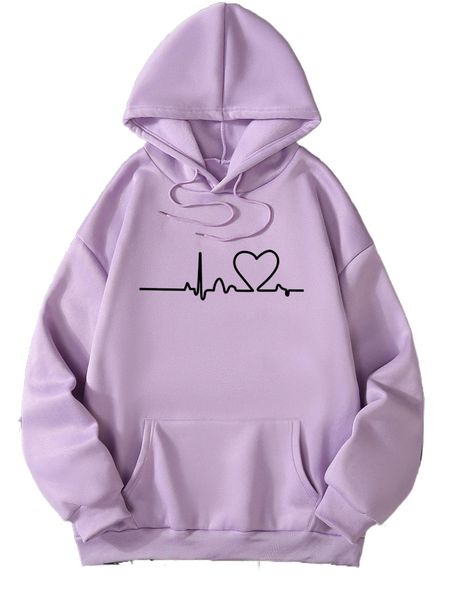 

heart print kangaroo pocket drawstring hoodie u94c#, Black