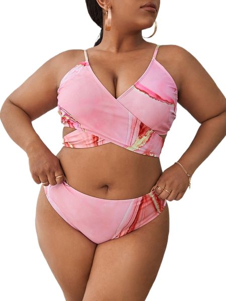 

plus marble print knot back bikini swimsuit l5z1#, White;black