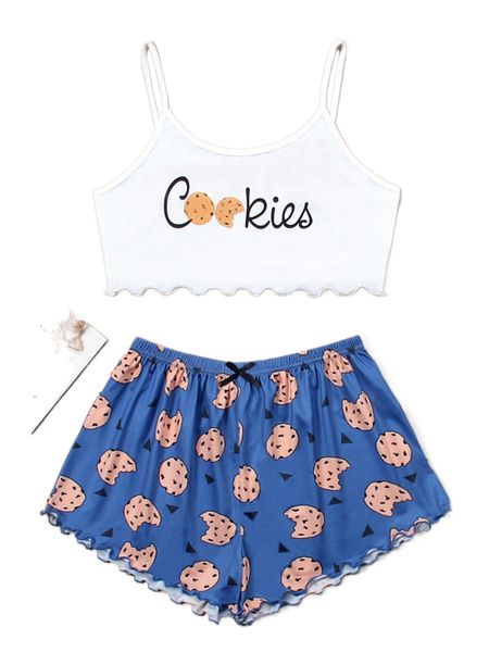 

cookies & letter graphic lettuce trim cami pj set g9ky#, Black;red