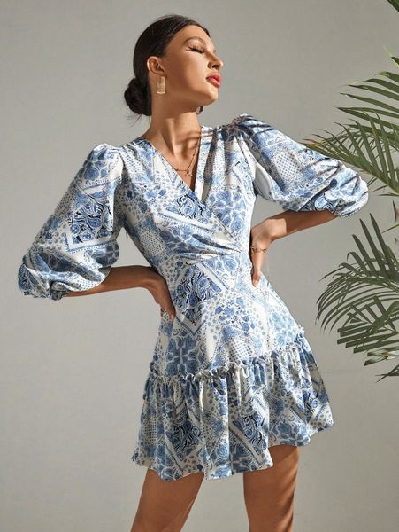 

surplice neck ruffle hem paisley print bishop sleeve dress w4te#, Black;gray