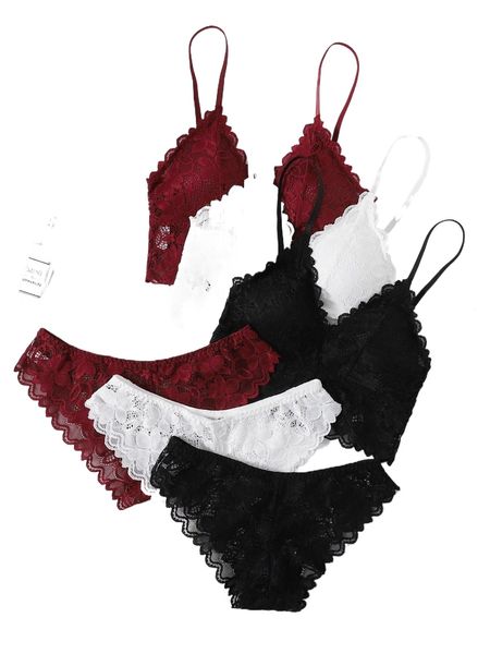 

3sets floral lace lingerie set e1rt#, Black;red