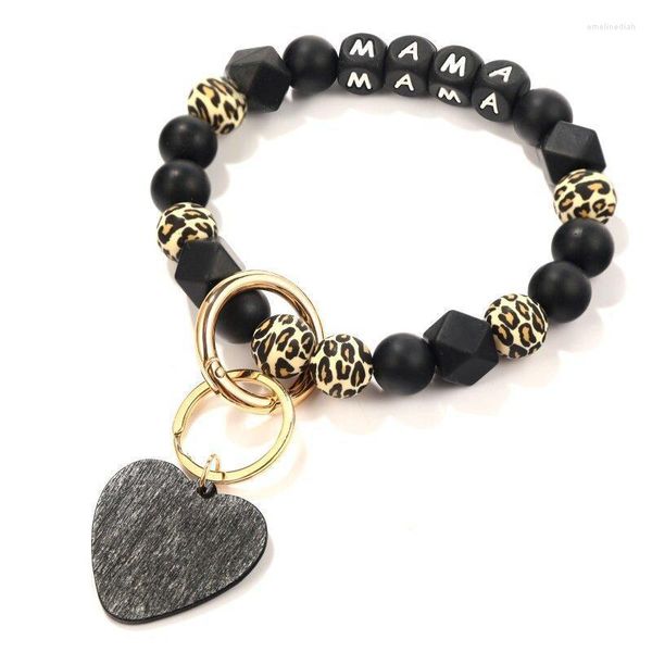 Keychains Leopard Silicone Beads Keychain 2022 Mama Bracelet Charms Heart Wood Wood Keyring Bag Acessórios para presente de atacado emel22