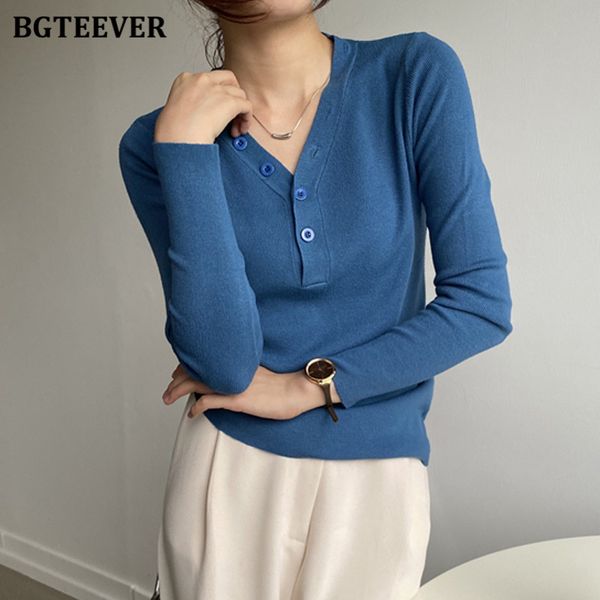 

fashion chic v-neck buttons ladies solid knitting full sleeve skinny female sweaters 2021 autumn winter pullovers, White;black