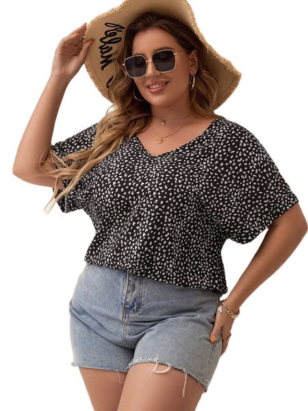 

plus allover print batwing sleeve blouse g2ex#, Black