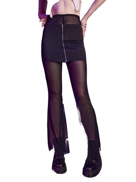 

romwe cyber luvr 2 in 1 contrast mesh zip up pants v688#, Black;white