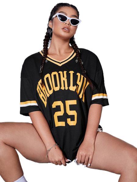 

plus letter graphic striped trim drop shoulder tee i8iu#, Black