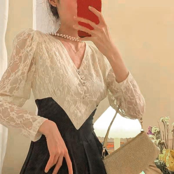 Lässige Kleider Französisch Retro Abend Party Kleid Frauen Langarm Elegante Midi Koreanische Mode Spitze Design 2022 Herbst Vintage Slim DressCasu