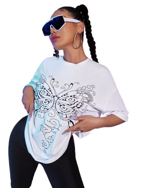 

butterfly print drop shoulder tee k4yg#, White
