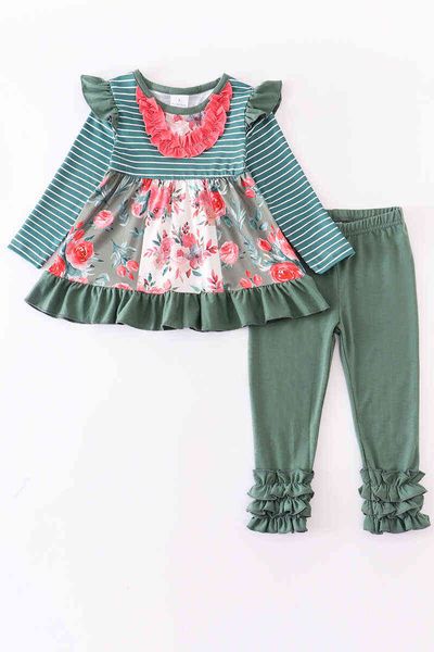 Girlymax осень/зима, одежда для братьев и сестер, темно-зеленые брюки с цветочным принтом и оборками для маленьких девочек, комплект молочных шелковых брюк в полоску, комбинезон, детская одежда