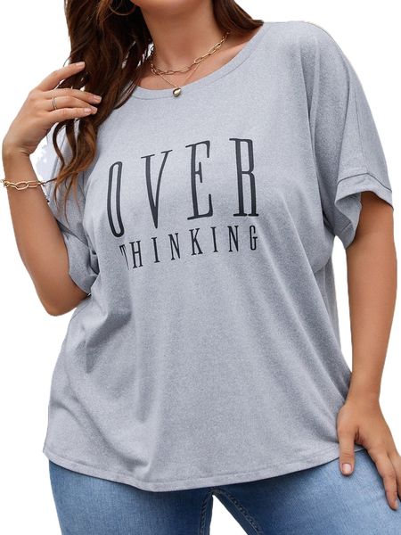

plus slogan graphic batwing sleeve tee t1i5#, Black