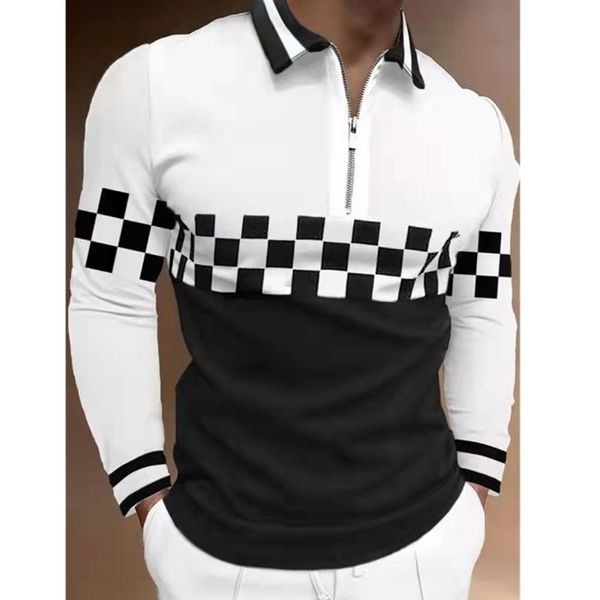 

mens clothing black white men polo shirts casual fashion turndown collar zipper design long sleeve 220725, White;black