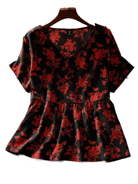 

plus floral print button half peplum blouse q8y3#, Black