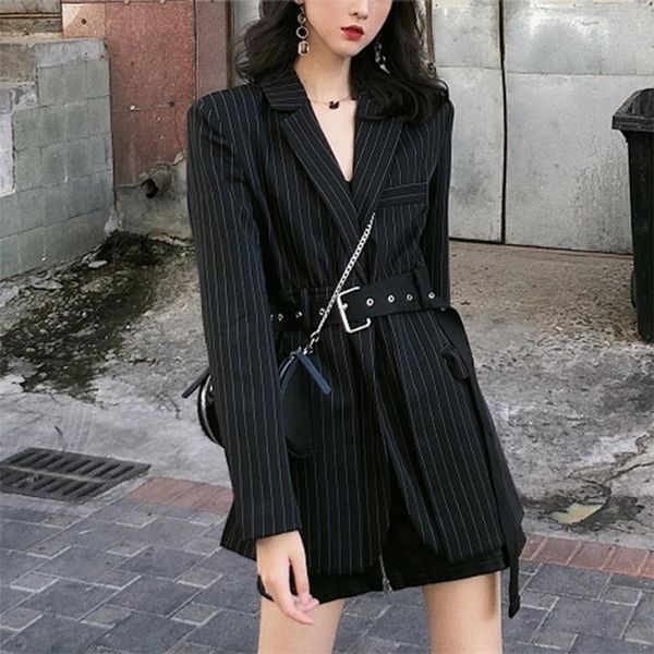 

stripe women long blazers jacket long sleeve loose sashes chic korean fashion casual suit 2019 new spring clothings t200319, White;black