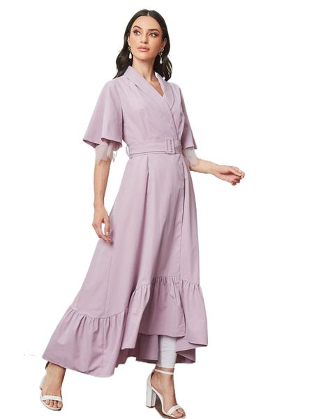 

shawl collar bell sleeve ruffle hem belted coat n25s#, Black