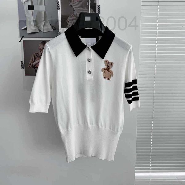 

women's hoodies & sweatshirts designer 2022 new college style four bar ice silk little bear jacquard polo knitted short sleeve 12se, Black