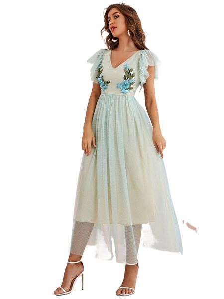 

floral embroidery butterfly sleeve mesh maxi dress e32c#, Black;gray