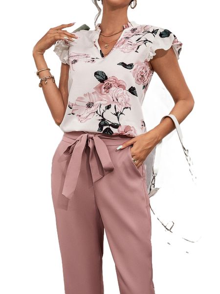

floral print blouse & belted pants z72p#, White