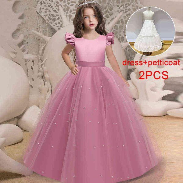 2022 Pageant Çocuklar Çocuklar İçin Uzun Nedime Elbise Kostüm Balo Prenses Elbiseler Vestido Çiçek Kız Büyük Bow Party Elbise Y220510