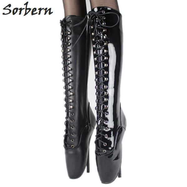 Sorbern 7 polegadas calçados balde balé alto salto médio bezerro botas mulheres stilettos lace up lateral zípers sapato personalizado cores novas