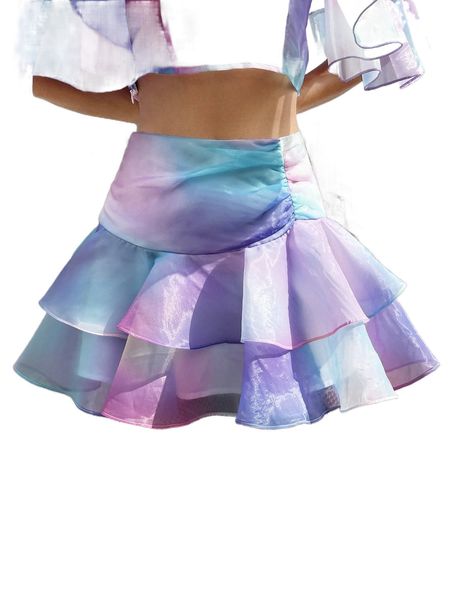 

tie dye ruched layered organza skirt 91ho#, Black