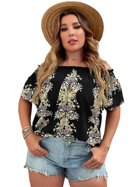 

plus floral print shirred blouse 39ql#, Black