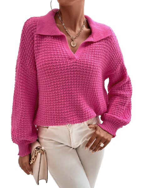 

drop shoulder collared pointelle knit sweater f0st#, White;black