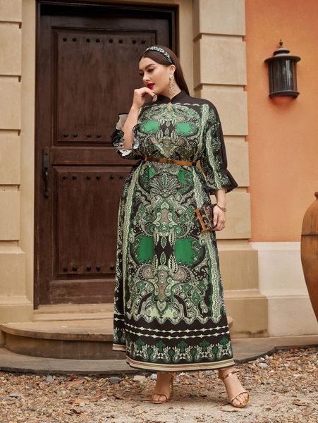 

plus paisley print bell sleeve dress without belt m2bo#, Black