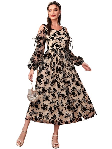 

allover floral print cold shoulder knot lantern sleeve dress d3hr#, Black;gray